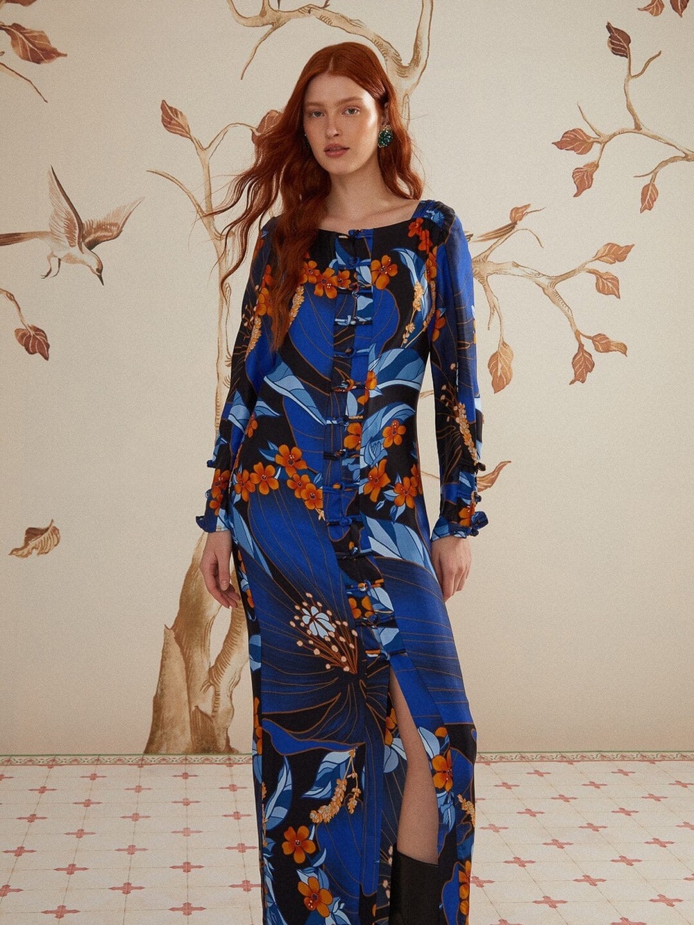FARM Rio Blue Floral Maxi Dress with Orange Accents